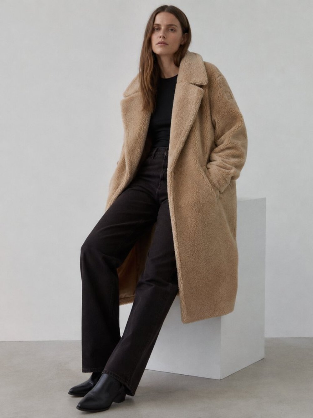 Alo Fur Oversized Sherpa Teddy Trench Coat Womens 2XS Camel Plush Sherpa Long